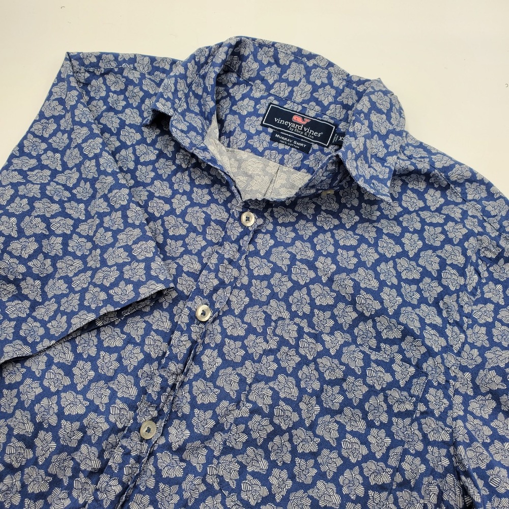 Vineyard Vines Mens Murray Shirt Blue White Floral Print Short Sleeve XS Cotton